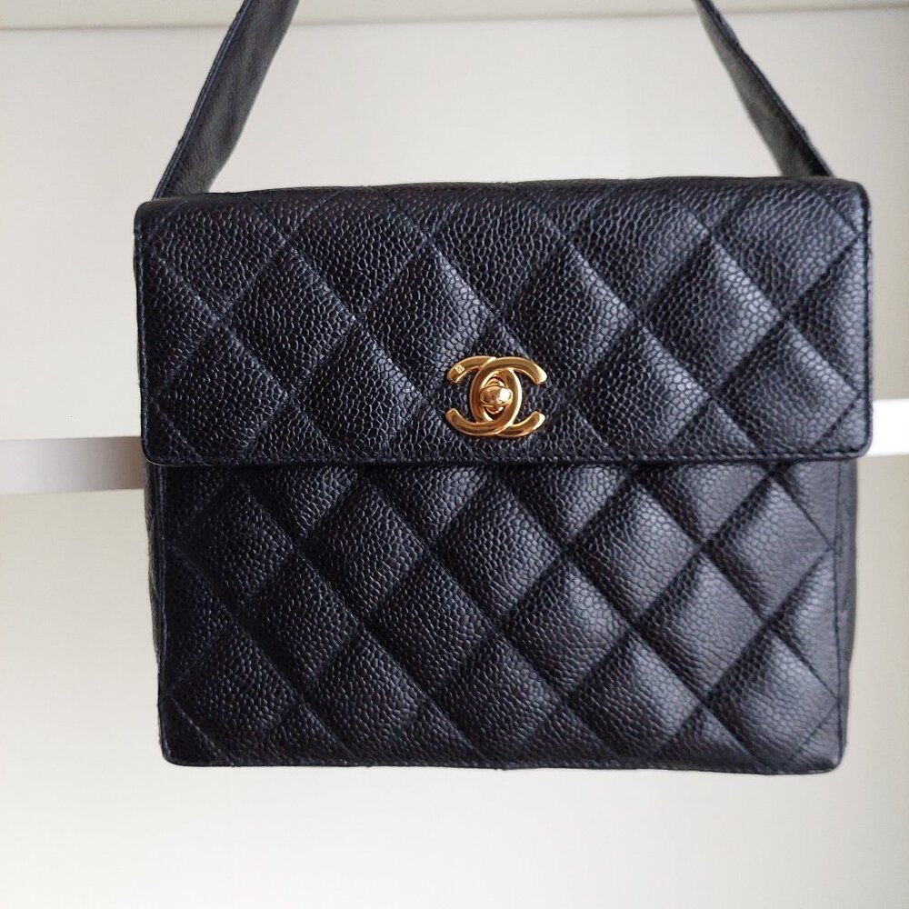 CHANEL Caviar Black Leather Quilted CC Turnlock Vanity Square Box Flap Bag
